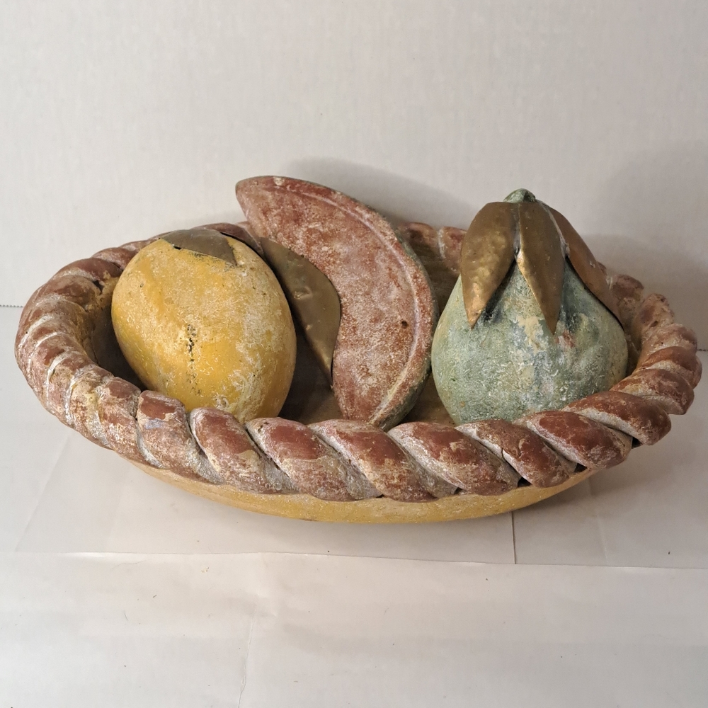 Vintage Clay Pottery Braided Bowl Fruit Hand Painted Terra Cotta.
